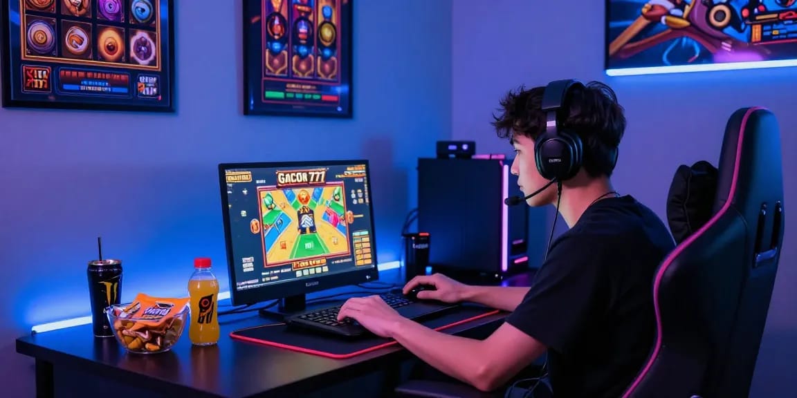 Player enjoying slot gacor 777 game on a gaming laptop with colorful ambient lighting.