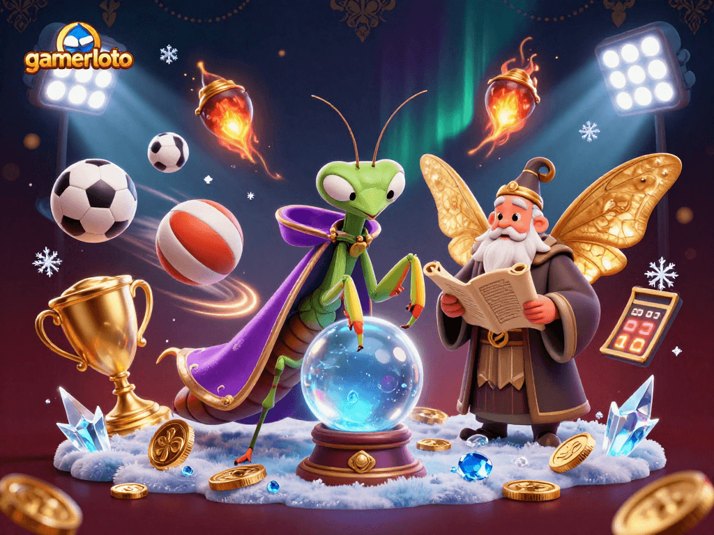 Engage in thrilling games with gamerloto, featuring a mystical fortune teller amid dynamic sports elements.