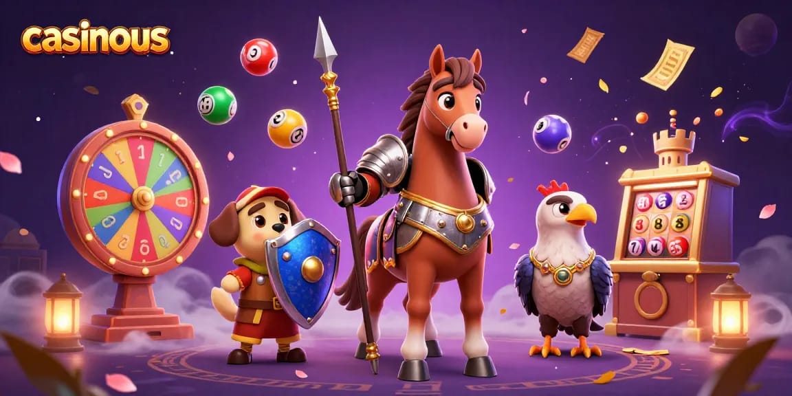 Feel the excitement at casinous with cartoon characters enjoying vibrant lottery elements in a magical casino.