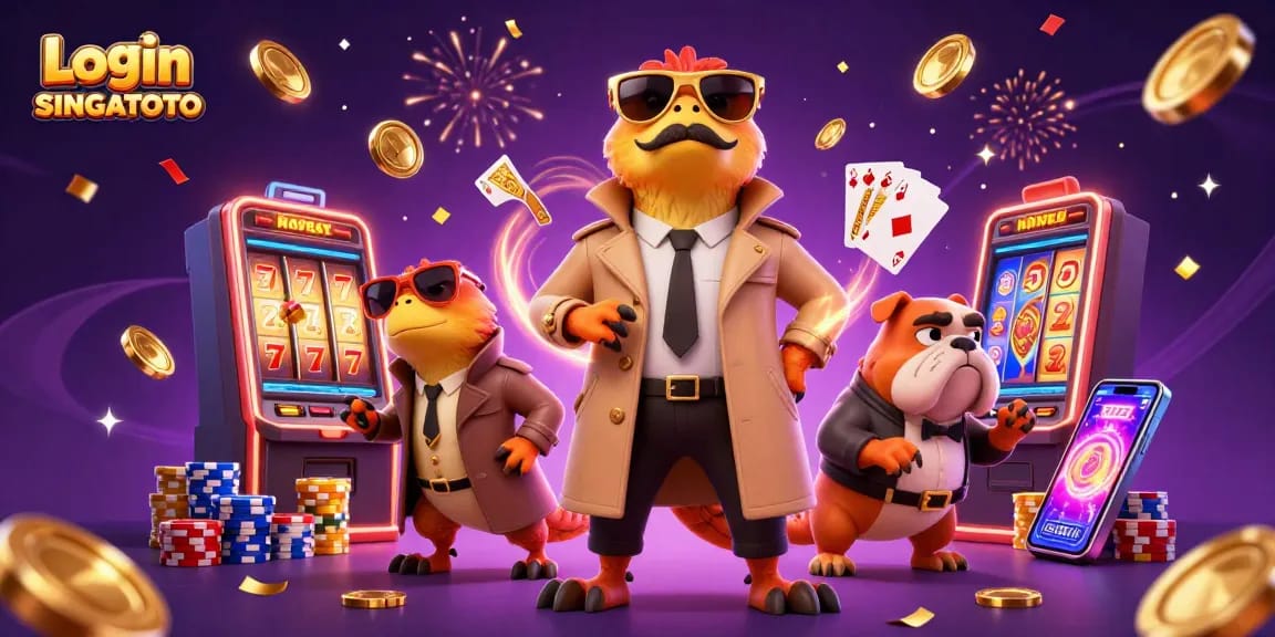 Rangkaian emas dan kristal berkilau saat Login SINGATOTO dengan karakter kartun di kasino.