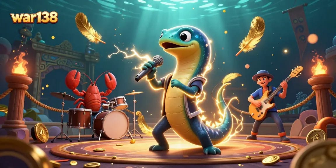Experience the excitement of war138 in this vibrant underwater casino scene with a DJ eel and musical marine creatures.