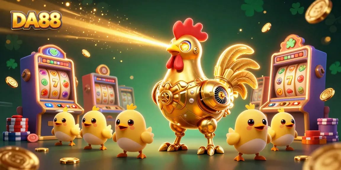 Experience the thrill of DA88 with colorful slot machines and a golden rooster robot in action!