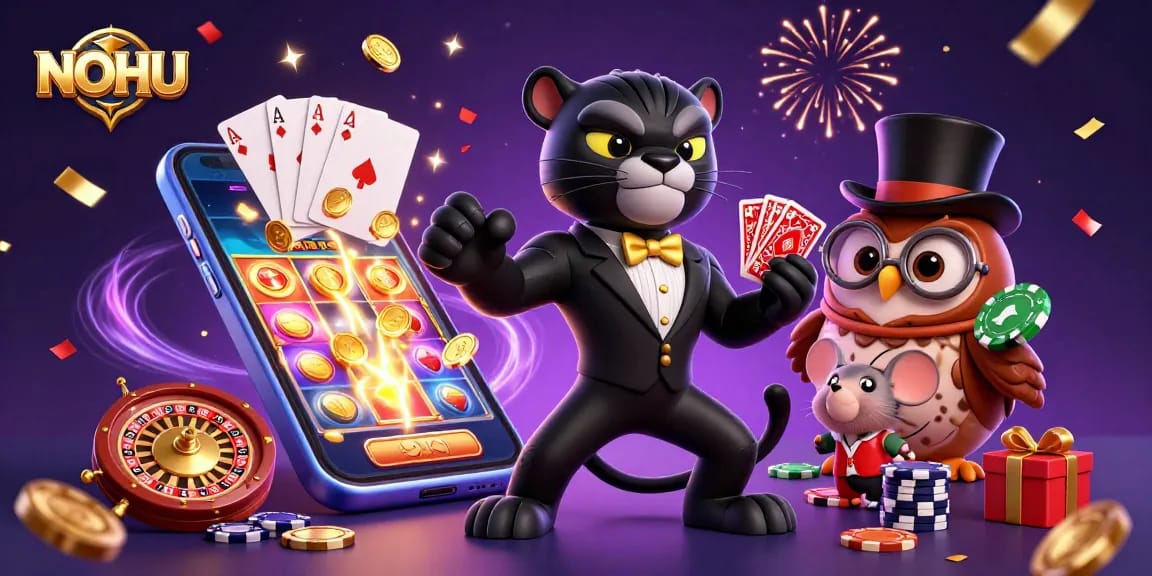 NOHU showcases a stylish panther dealing cards with vibrant elements like slot games and poker chips.