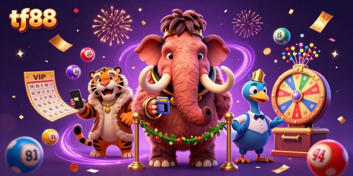 Engage with tf88's vibrant casino scene featuring a woolly mammoth bouncer and dynamic lottery elements.