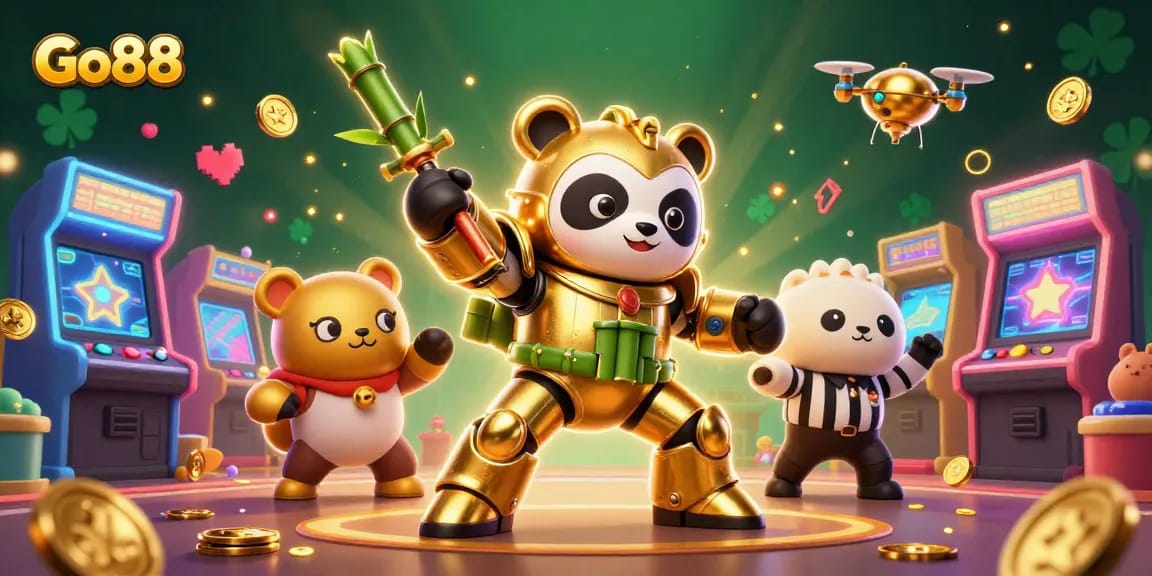 Engage with Go88's vibrant gaming universe featuring a 3D panda in an action-packed arcade setting.