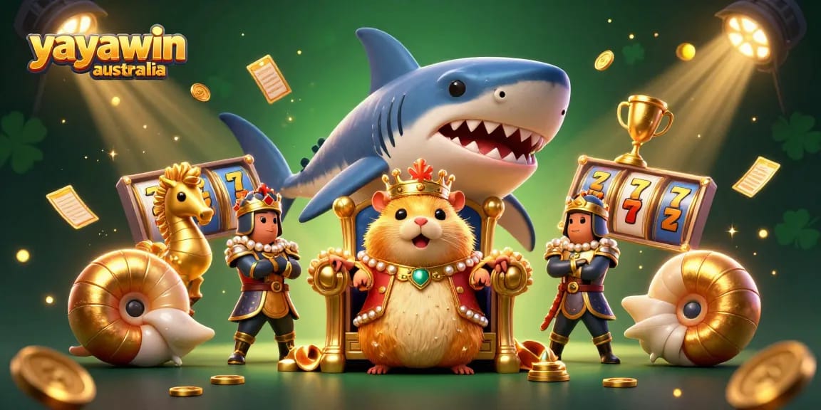 Experience the excitement of Yayawin Australia with this vibrant 3D illustration featuring pokies and a hamster king.