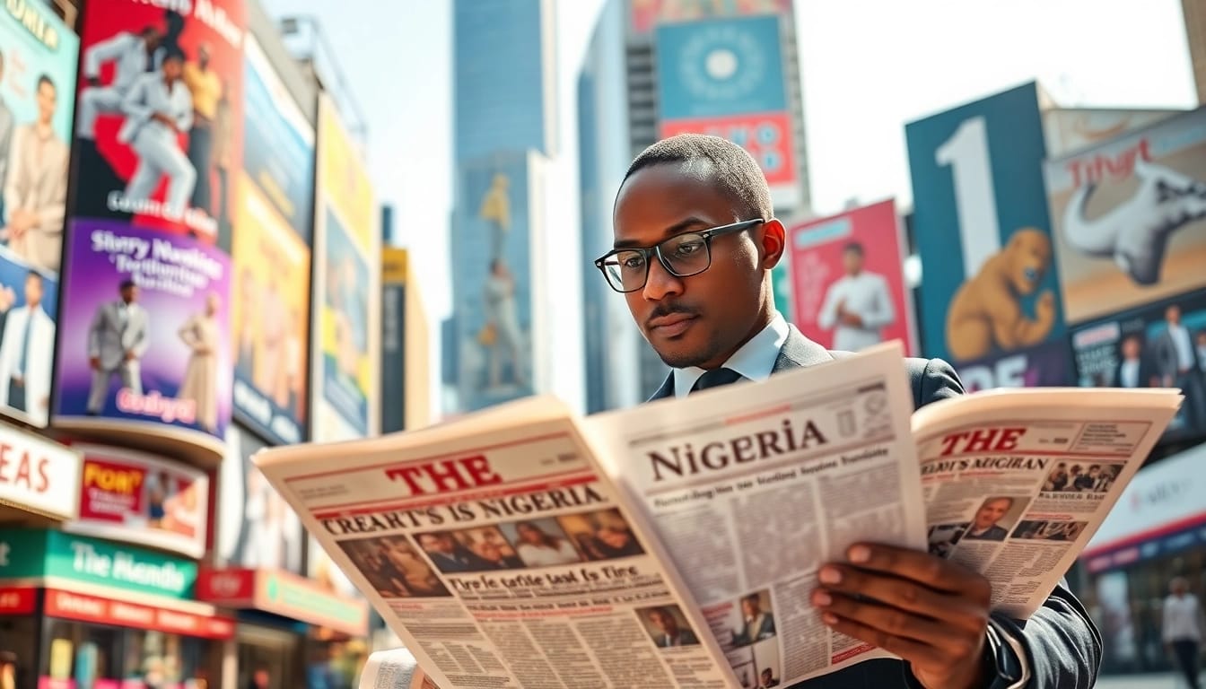 Engaging journalist examining Nigerian newspaper headlines in a vibrant urban setting