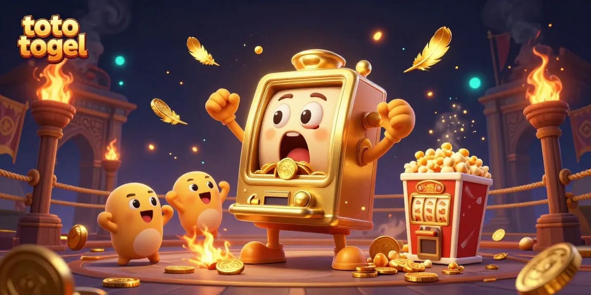Gambar toto togel menggambarkan mesin slot emas yang bahagia saat mendapatkan jackpot dikelilingi koin dan elemen perjudian