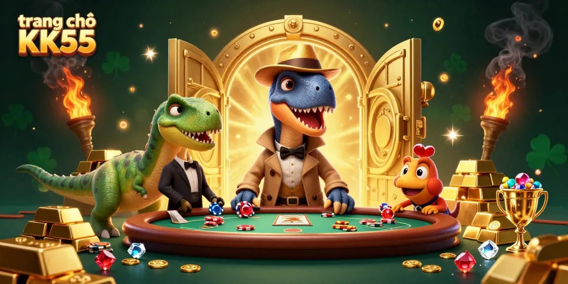 Experience the excitement at trang chủ KK55 with a thrilling blackjack scene featuring animated dinosaurs.