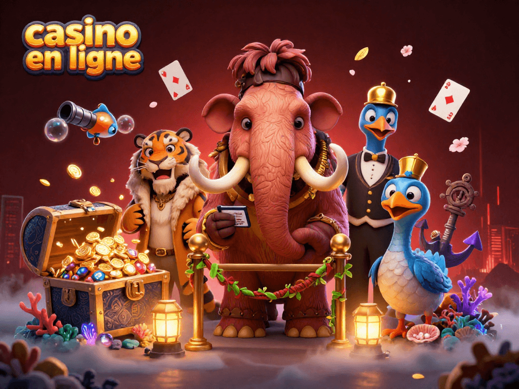 Venez jouer au casino en ligne avec nos personnages animés stylisés dans une scène dynamique.