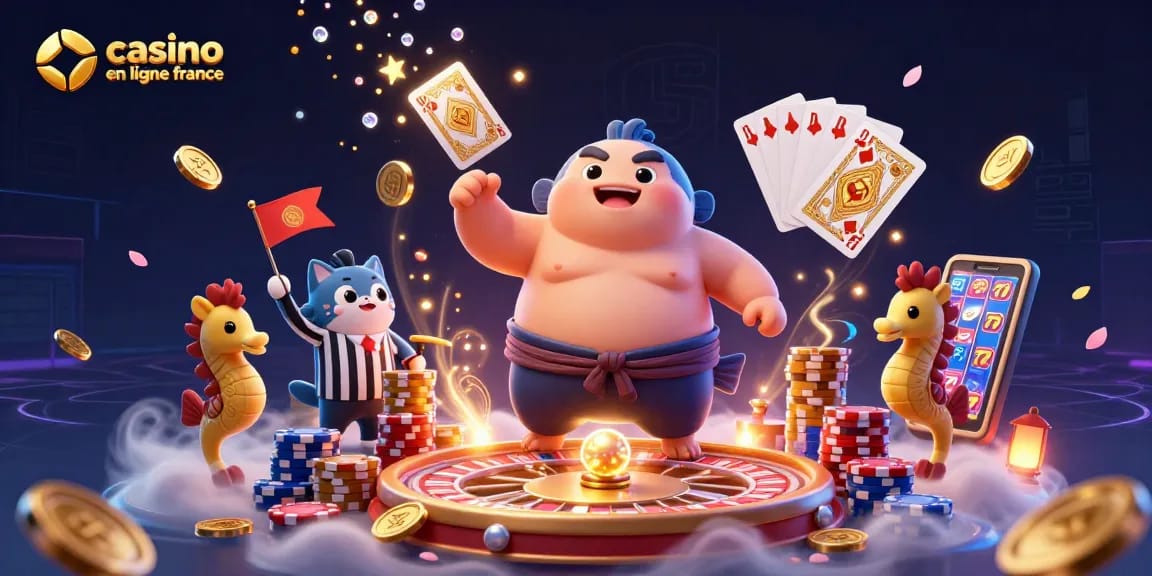 Jouez en toute sécurité sur un casino en ligne France avec des animations ludiques entourées de pièces d'or.