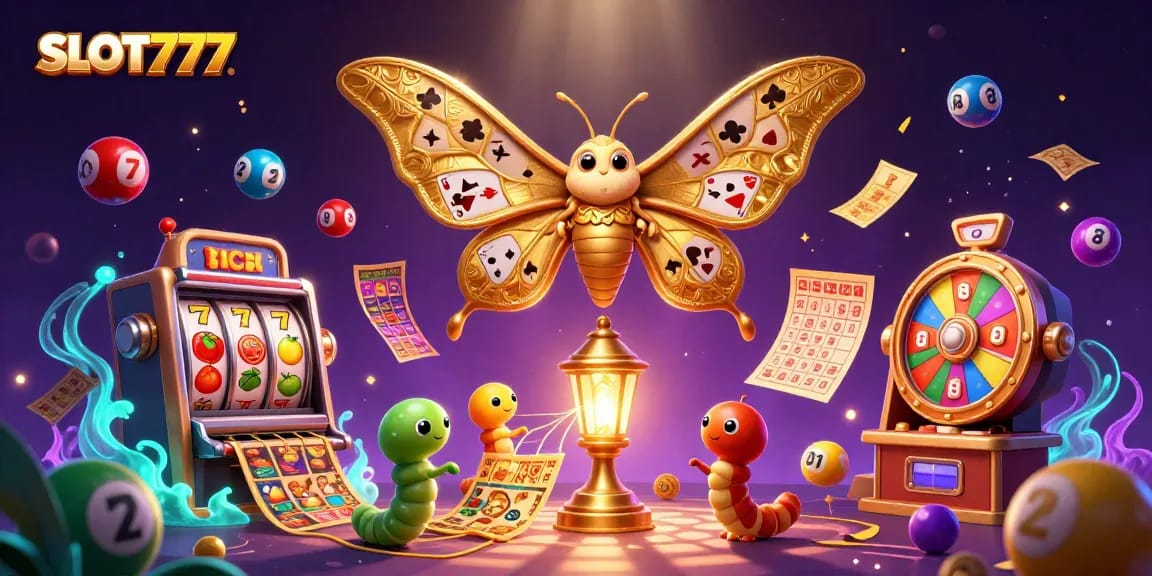 SLOT777 showcases an energetic casino scene with a lucky atlas moth and vibrant game elements.