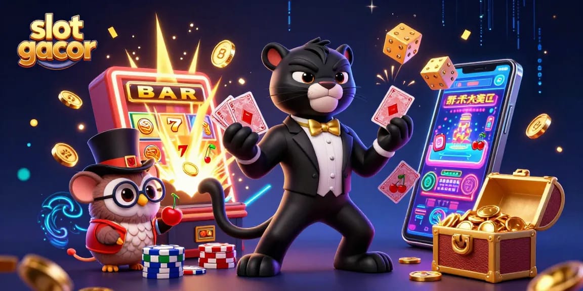 Slot gacor dengan karakter kartun 3D bermain kartu di kasino yang megah dan ceria.