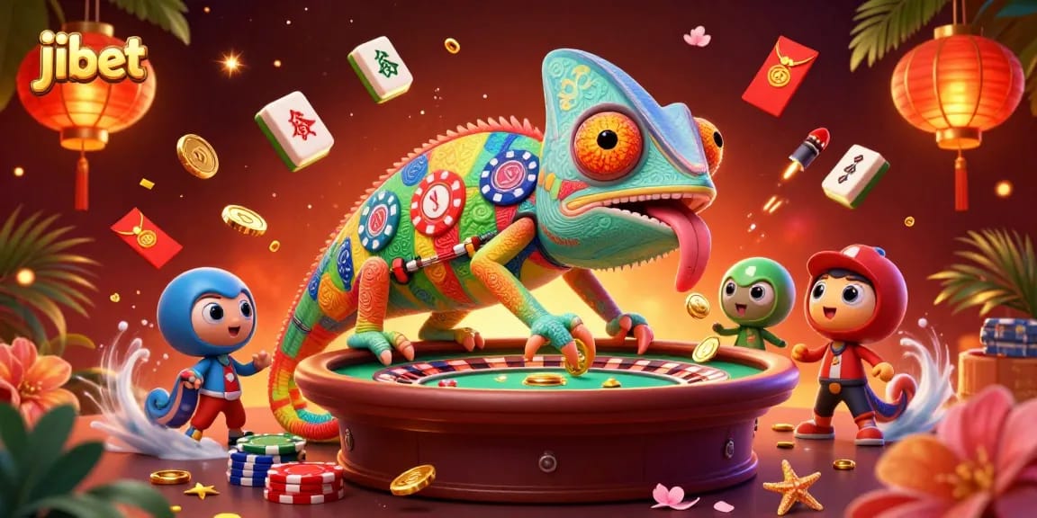 Engage in thrilling gaming at jibet with a vibrant chameleon casino owner among Mahjong tiles and festive elements.