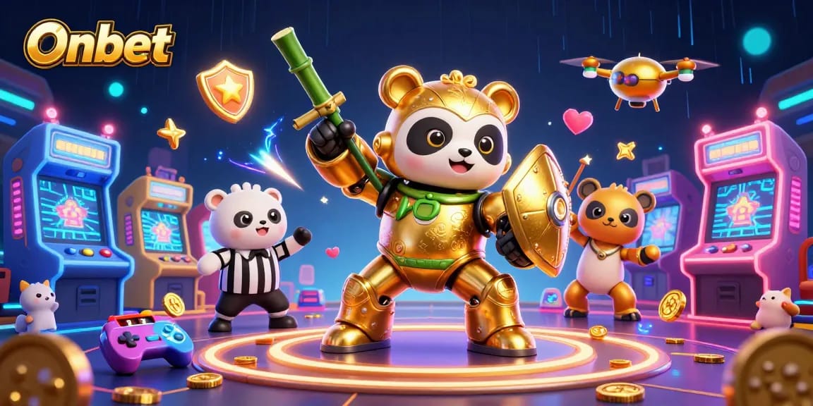 Engage in thrilling gameplay at Onbet, featuring a panda controlling a robot in a dynamic casino scene.
