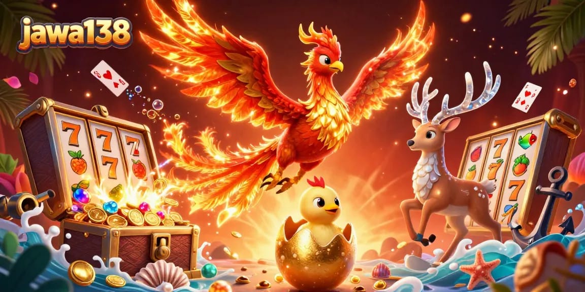 Experience dazzling gameplay with jawa138's vibrant fire phoenix and stacked slot reels.