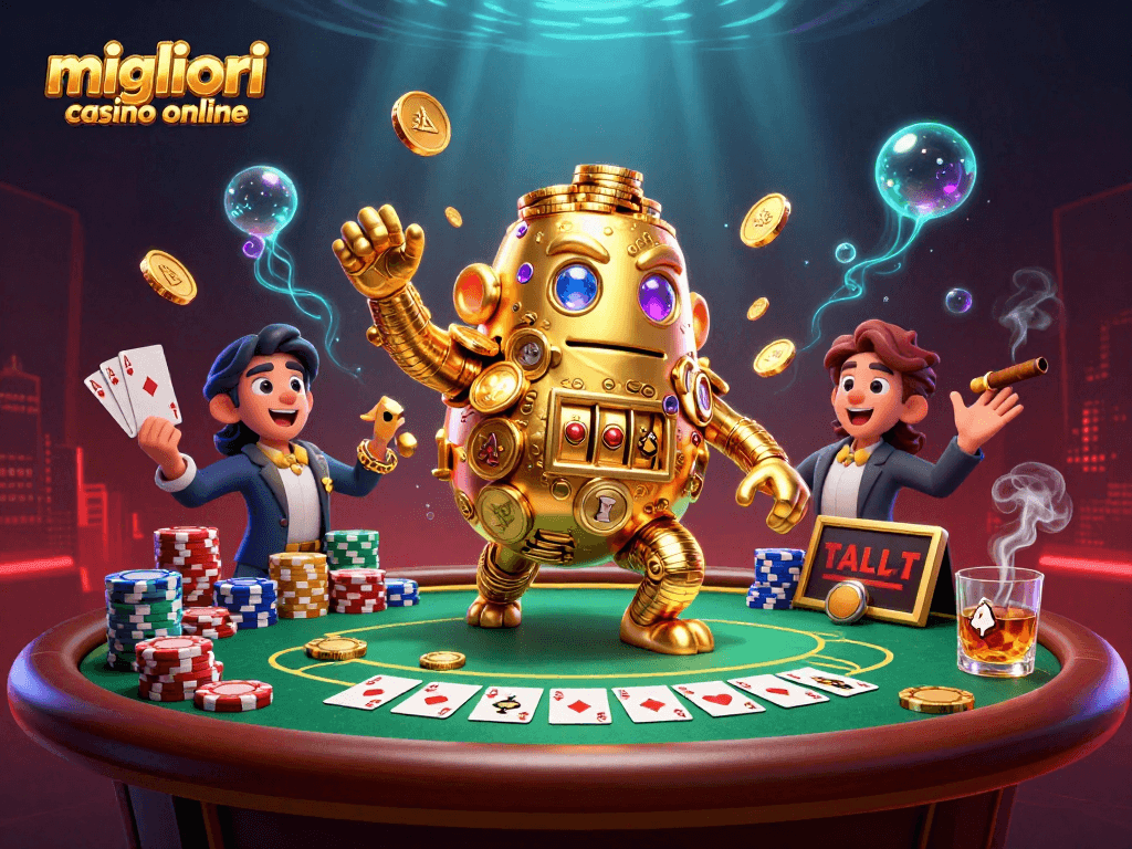 Scopri i migliori casino online con un golem d'oro che danza tra poker e slot machine.