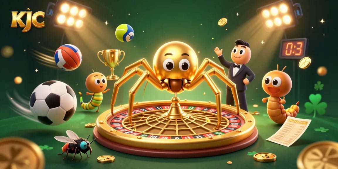 KJC features a golden spider and centipede croupier in a dynamic casino scene with spinning roulette and sports betting elements.
