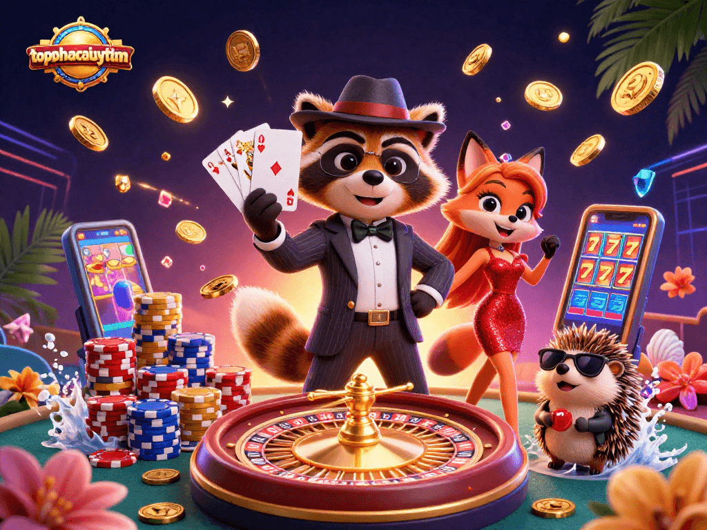 Engaging game scene showcasing topnhacaiuytinn with cartoon raccoon, color chips, and roulette elements.