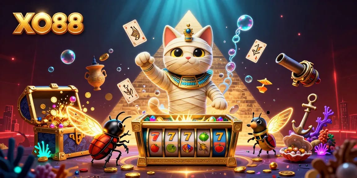 Engage with exciting XO88 gameplay featuring a mummy cat, gold treasures, and vibrant casino elements.