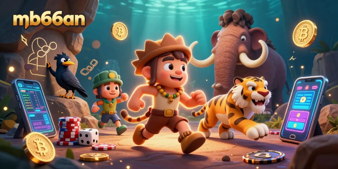 Engage with mb66an’s vibrant prehistoric casino scene featuring animated characters and crypto elements.