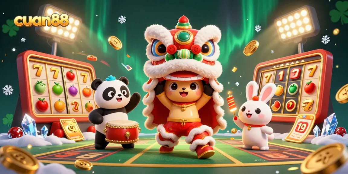 Cuan88 merayakan kebahagiaan dengan karakter tarian singa, panda dan kelinci, dalam suasana kasino yang meriah.