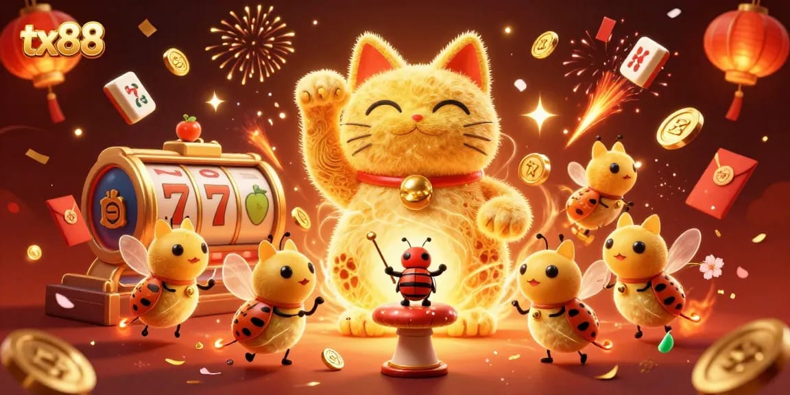 Experience the vibrant tx88 scene with golden fireflies and casino symbols in dazzling celebration.