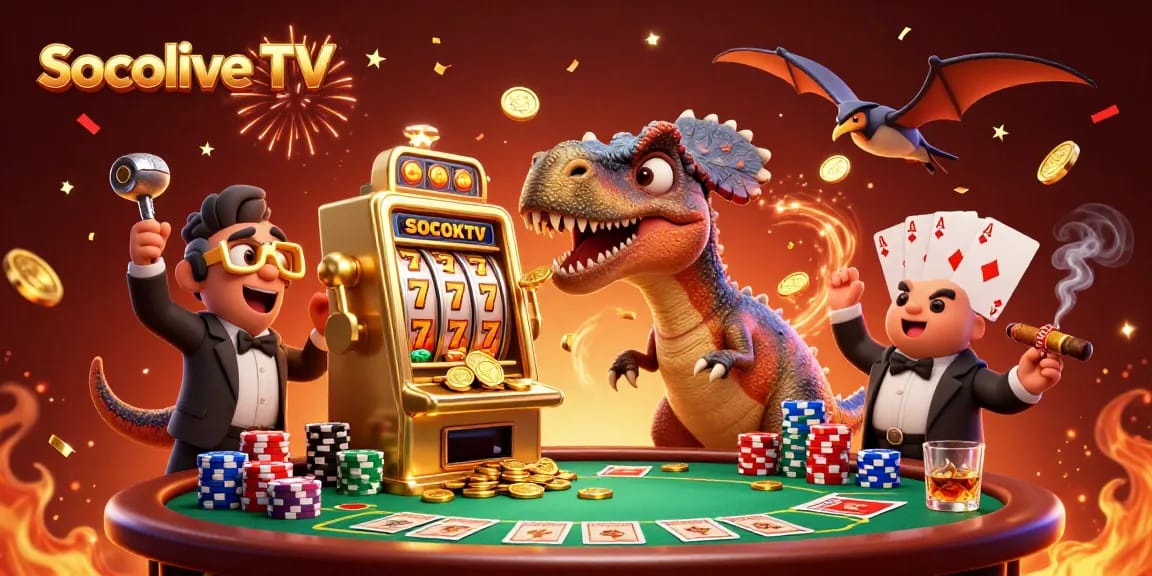 Socolive TV showcases a thrilling casino scene with a dinosaur winning at slots amidst flying coins and poker elements.