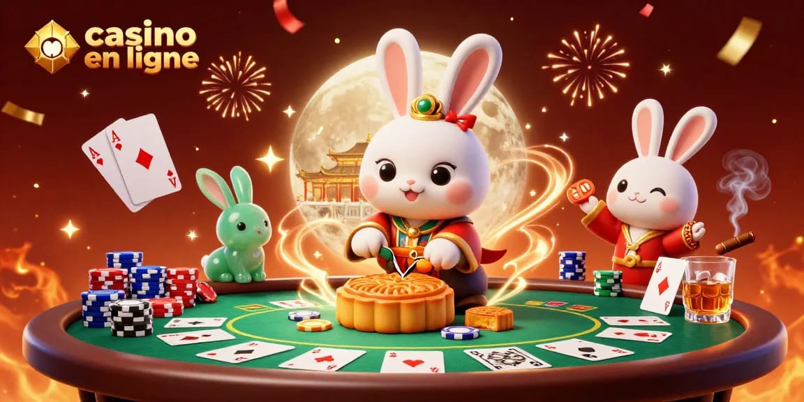Découvrez le meilleur casino en ligne avec des lapins lunaires et des jetons de poker éclatants, illustré en 3D.