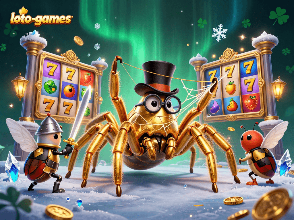 Loto-games showcases an exciting scene with a giant tarantula weaving a web of slot reels while a beetle knight approaches.