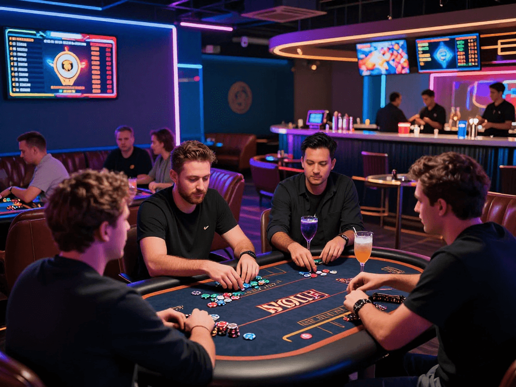 Exciting crypto casino atmosphere with players at gaming tables and digital screens