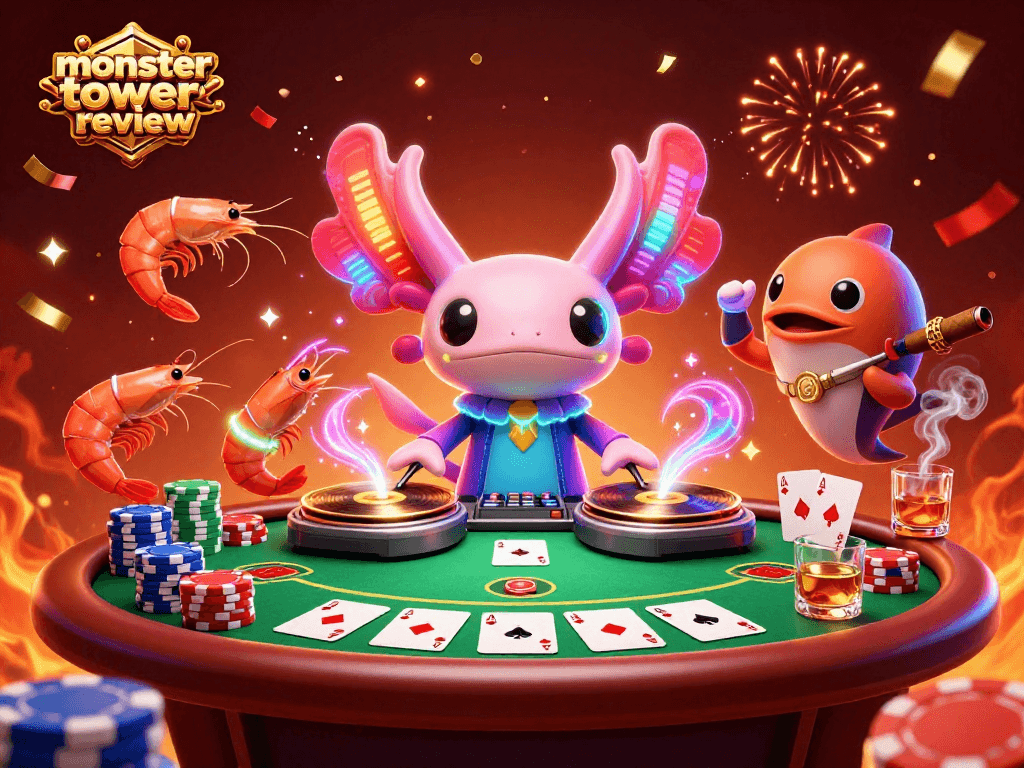 Spin to win at monstertowerreview with a vibrant poker scene featuring colorful characters and casino elements.