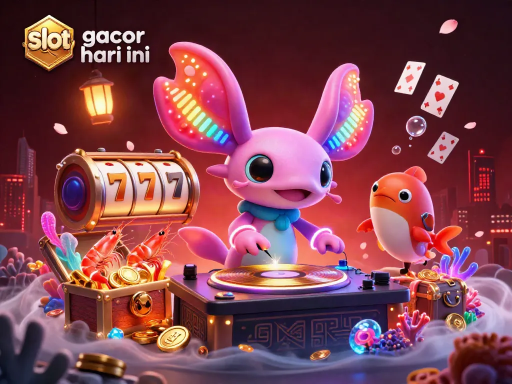 Experience thrilling slot gacor hari ini action with a vibrant 3D illustration of dancing axolotl DJ and underwater treasures.