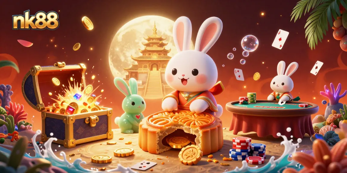 Experience thrilling poker action with nk88 featuring a folklore moon rabbit amid casino excitement.
