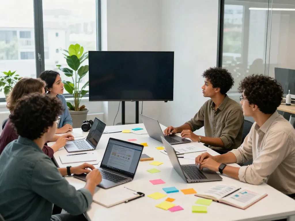 Team collaboration in a modern workspace, showcasing creativity and teamwork with the keyword try here.