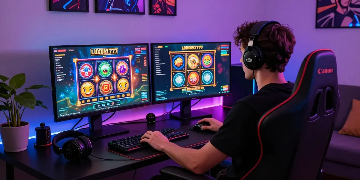 Pengalaman bermain situs LUXURY777 dengan monitor berwarna-warni dan aksesori gaming yang menarik.