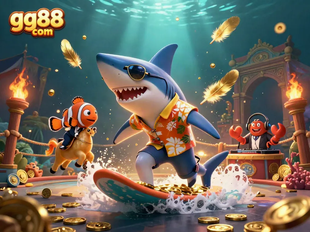 Experience thrilling gaming moments with gg88 com as a colorful shark, tuxedo clownfish, and DJ crab celebrate on a wave of coins.