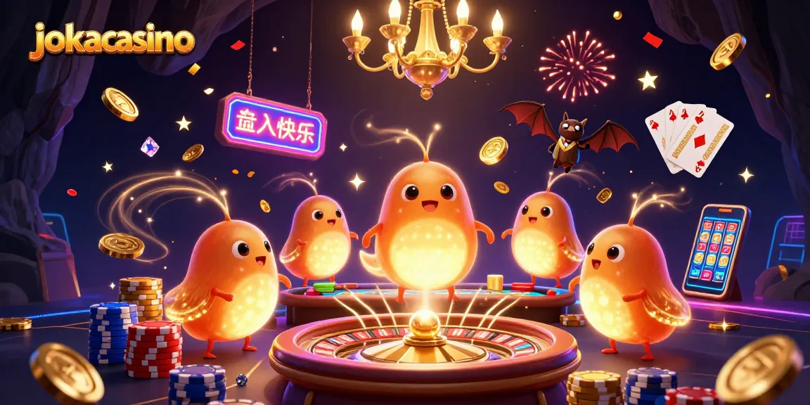 Experience the thrills of jokacasino with glowing characters illuminating a lively casino scene.