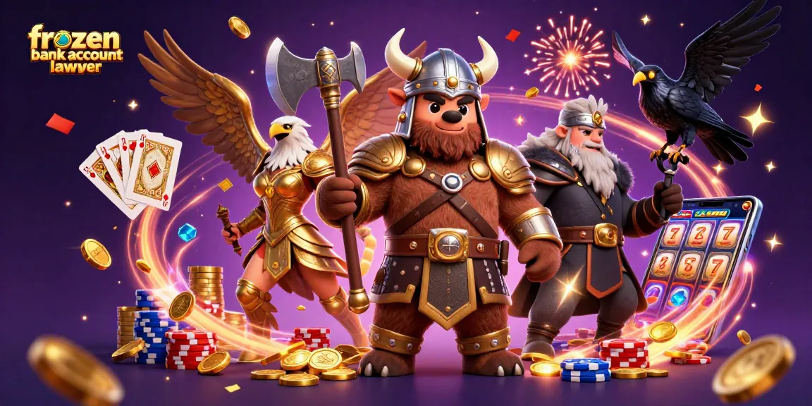 Action-packed scene featuring a frozen bank account lawyer with casino elements and vibrant characters.