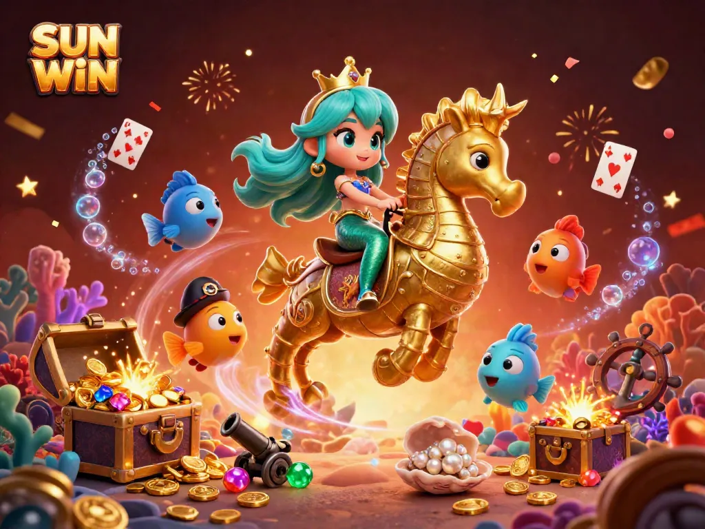 SUN WIN captivates with a vibrant 3D underwater casino scene featuring a mermaid and giant seahorse.
