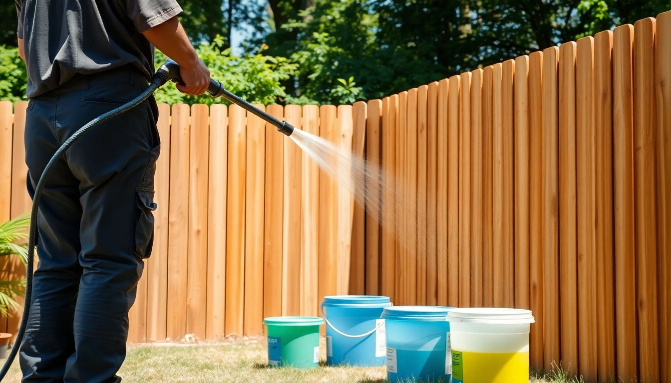 Engaging scene of fence cleaning with a person using a soft wash in a sunlit backyard.