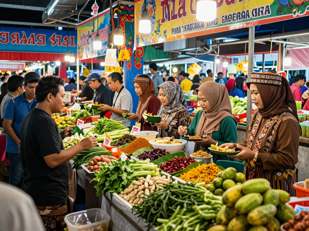 Pasar makanan Indonesia yang ramai dengan vendor delapantoto menjual sayuran segar dan buah-buahan.