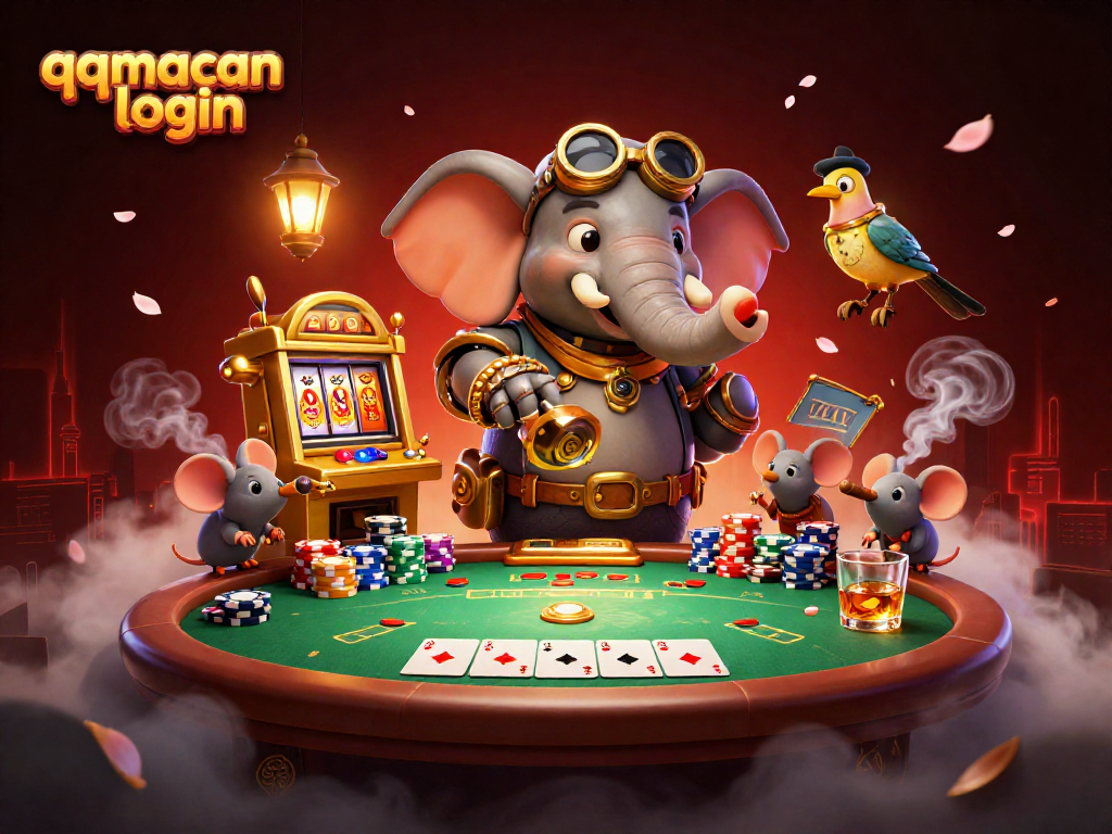 Experience the thrilling qqmacan login scene with a steampunk elephant and exciting casino elements.