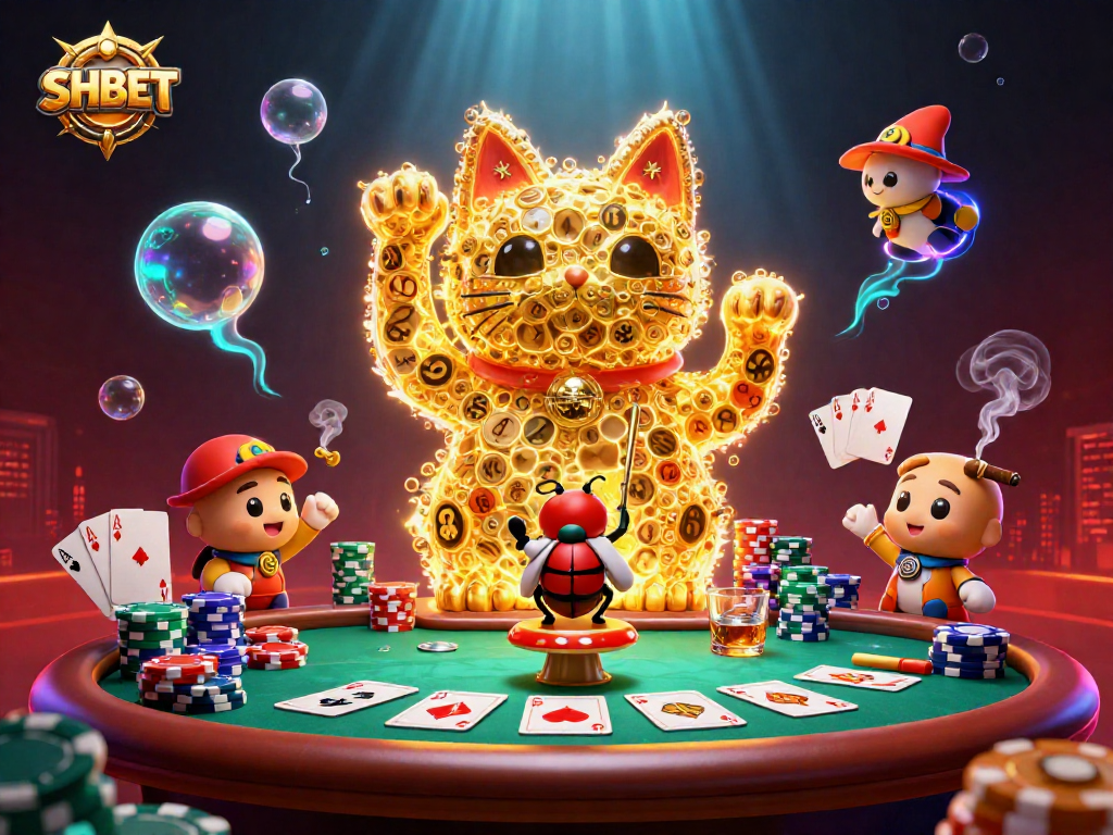 Play and win at SHBET where a giant lucky cat waves among poker elements in a vibrant casino scene.