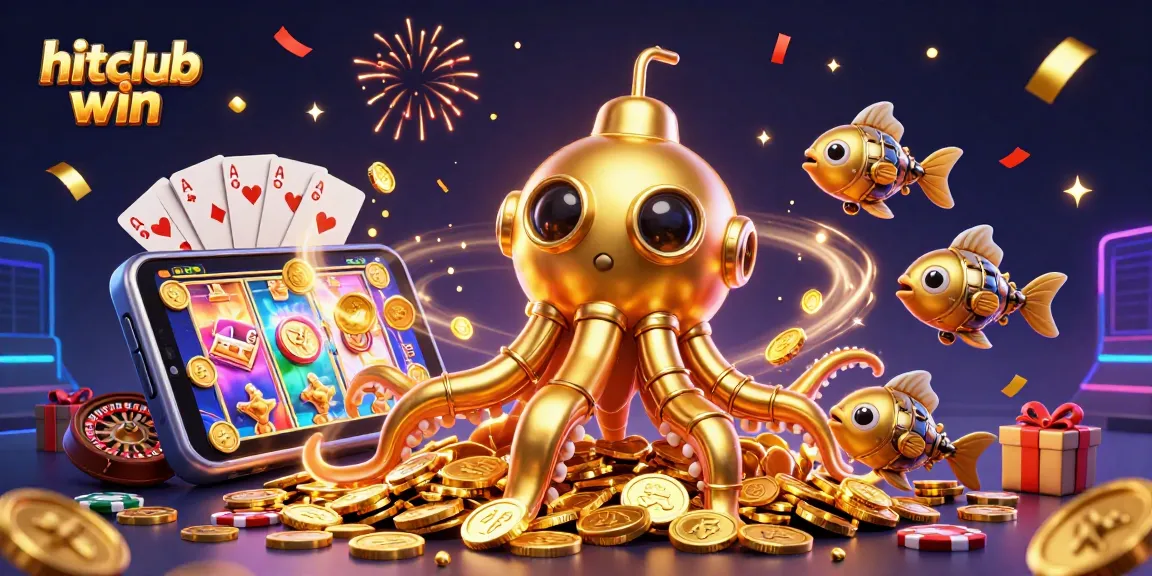 Experience the excitement of hitclub win with a stunning 3D kraken submarine surrounded by vibrant casino elements.