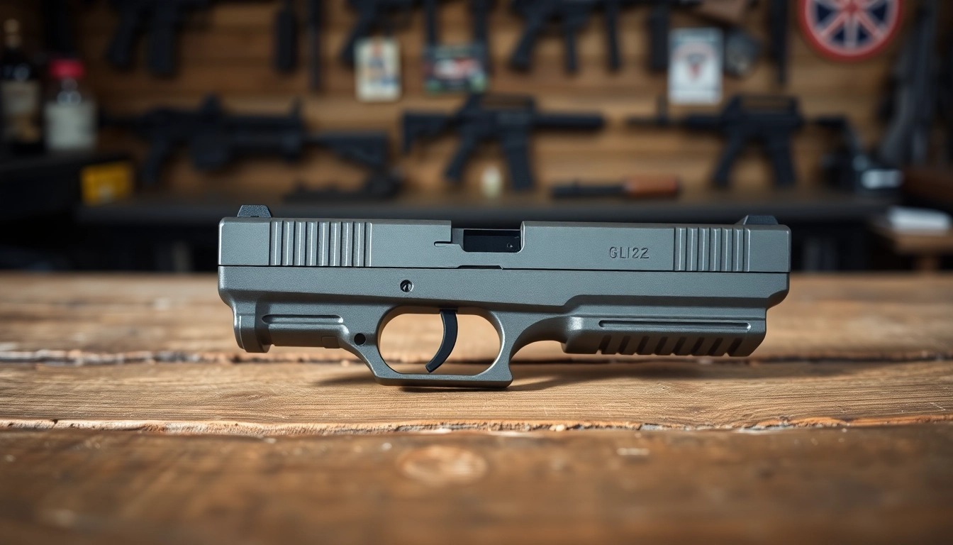 Explore the Glock 17 slide for sale, showcasing its sleek design and detailed craftsmanship in a retail setting.