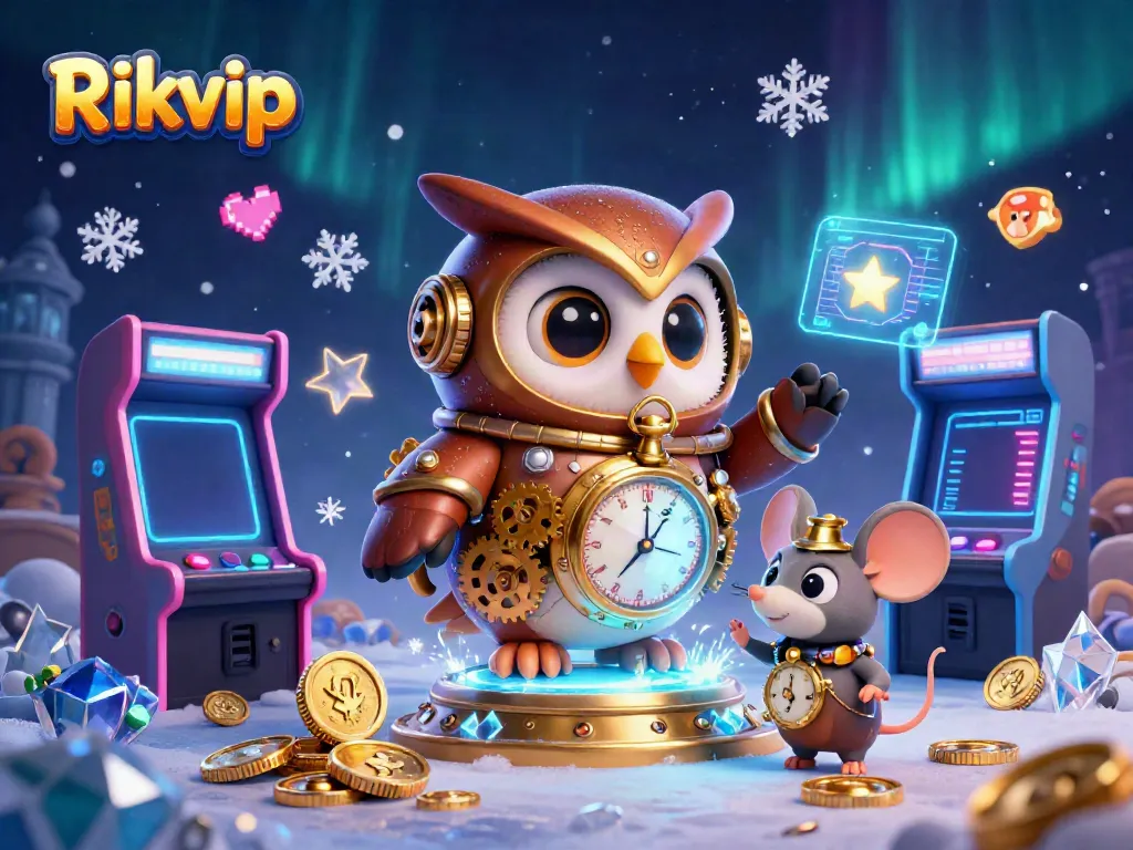 Join the action at Rikvip with this dynamic 3D casino illustration of whimsical characters amid vibrant gaming elements.