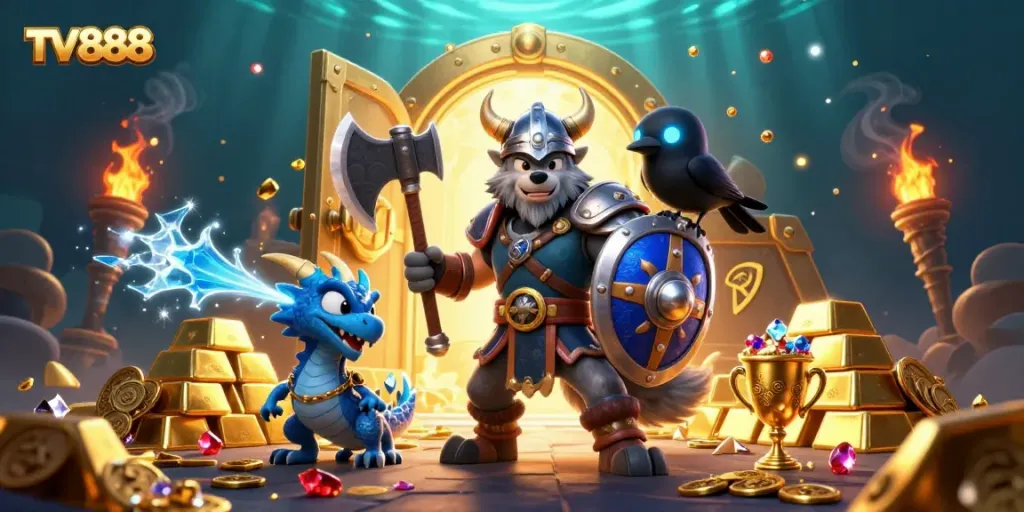 Engage with the vibrant TV888 online casino scene featuring a Viking wolf warrior, ice-breathing dragon, and shining treasures.