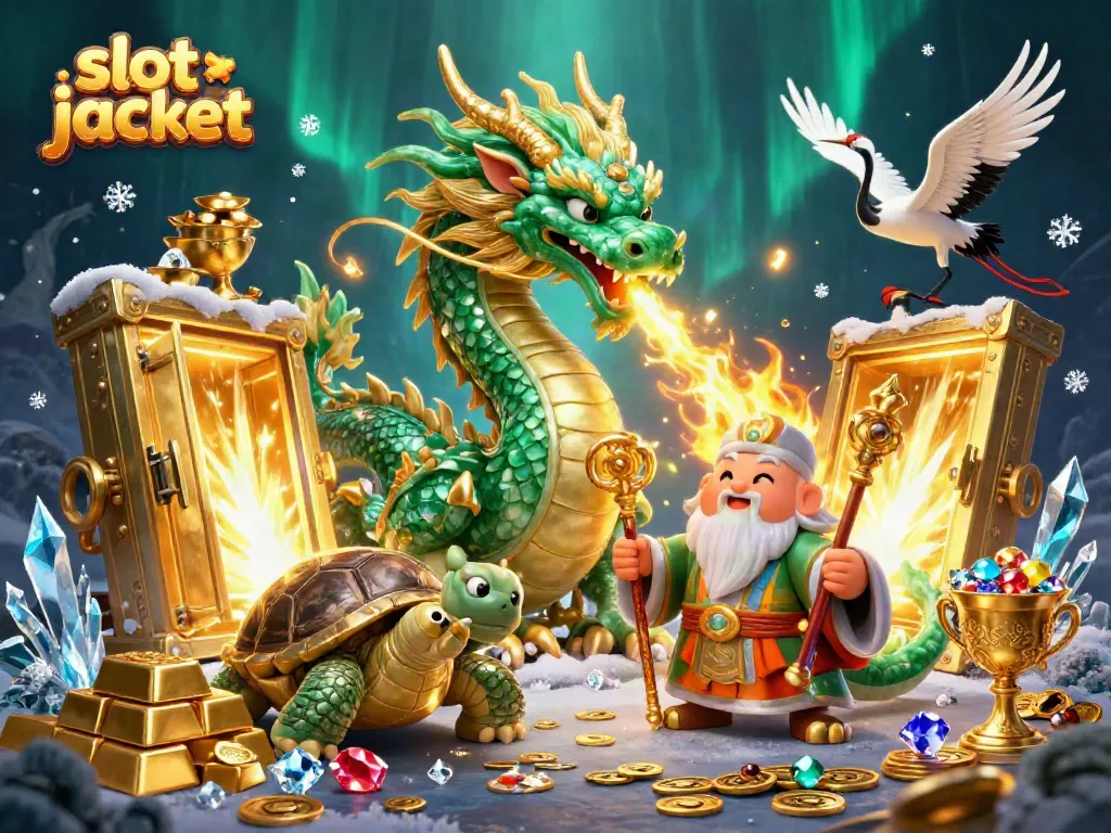 Slot jackpot dengan naga hijau dan kura-kura dalam ilustrasi 3D penuh warna dan detail.