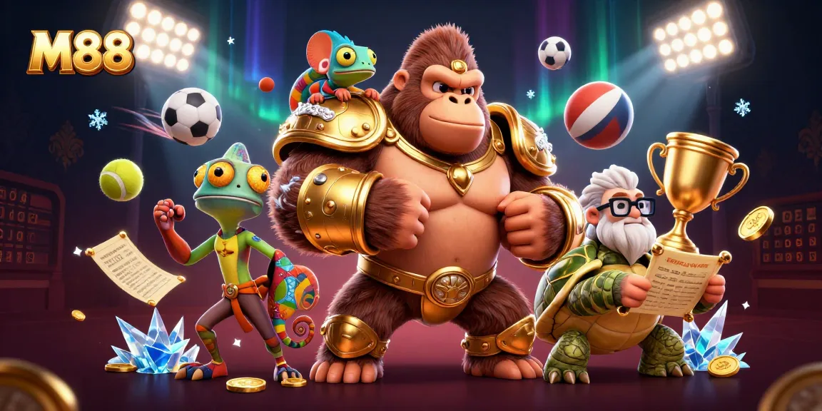 M88 combines thrilling sports betting action with a majestic 3D gorilla and colorful elements.